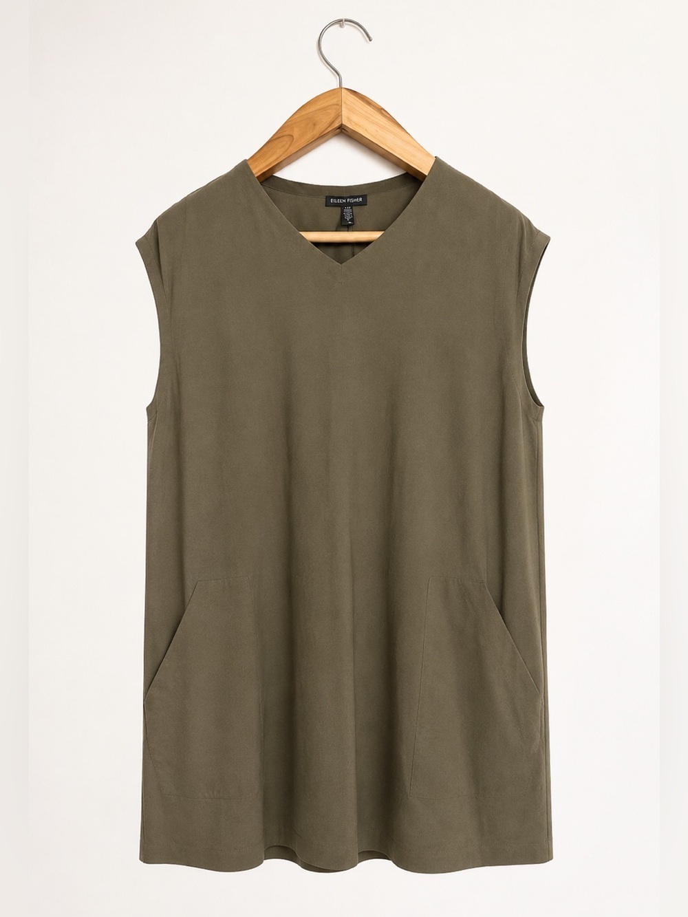 Eileen Fisher Georgette 100% Silk Tunic Slip Top Olive Green Size Small